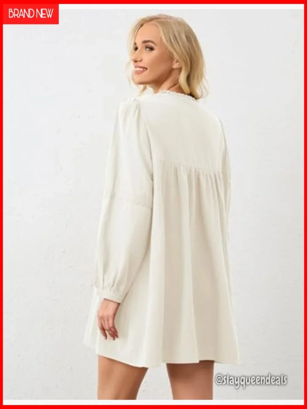 Flowy Long Puff Sleeve Mini Dress Square Neck Lace Babydoll A-line Tunic - Picture 3 of 7